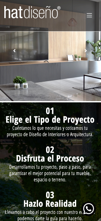 Versión móvil responsive del sitio web de Hat Diseño desarrollada por Masoko
