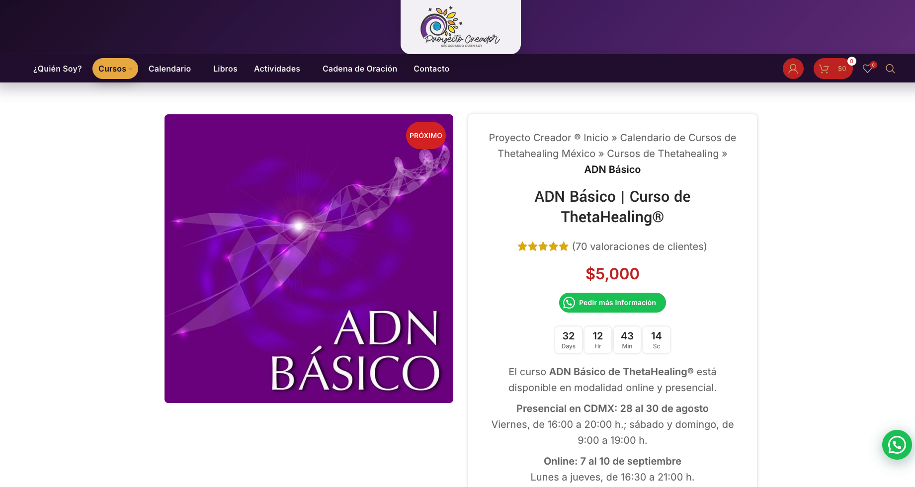 Página del curso ADN Básico de Proyecto Creador con 70 valoraciones de clientes