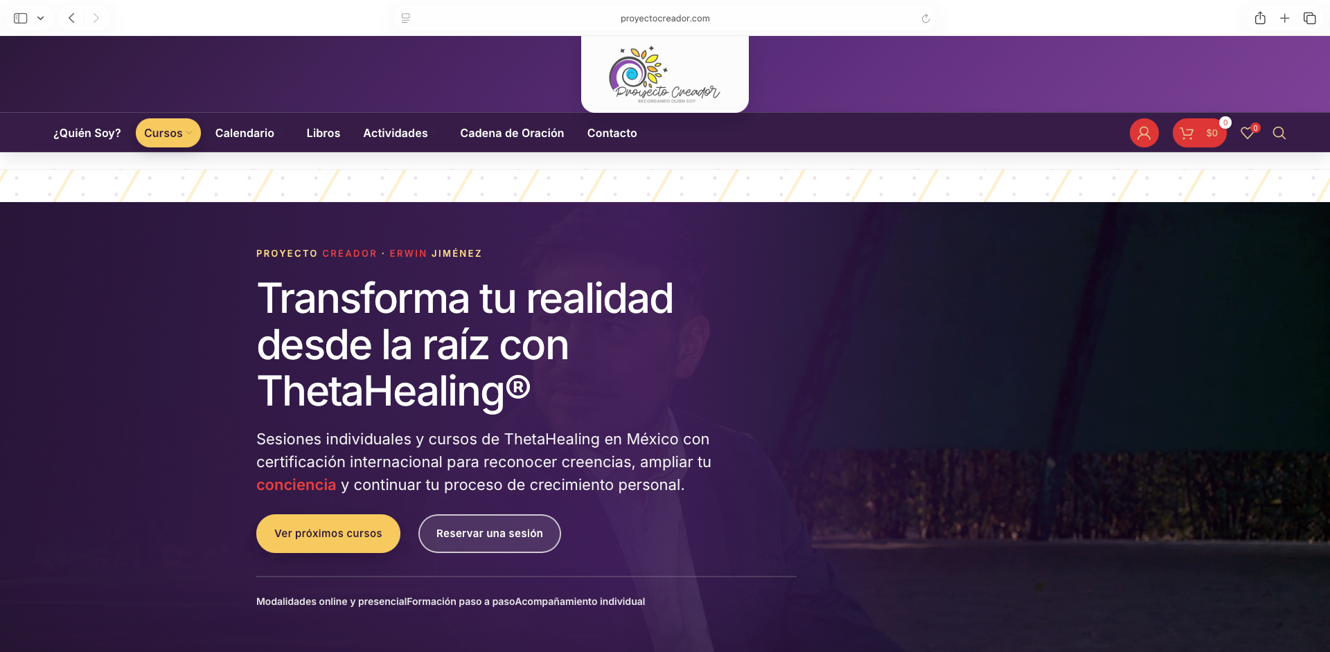 Sitio web de Proyecto Creador para cursos y sesiones de ThetaHealing en México
