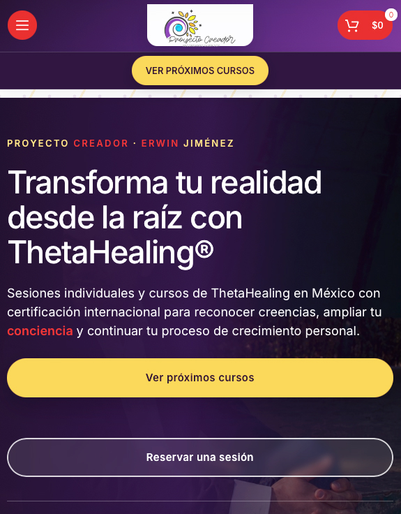 Versión móvil responsive del sitio web de Proyecto Creador con cursos de ThetaHealing
