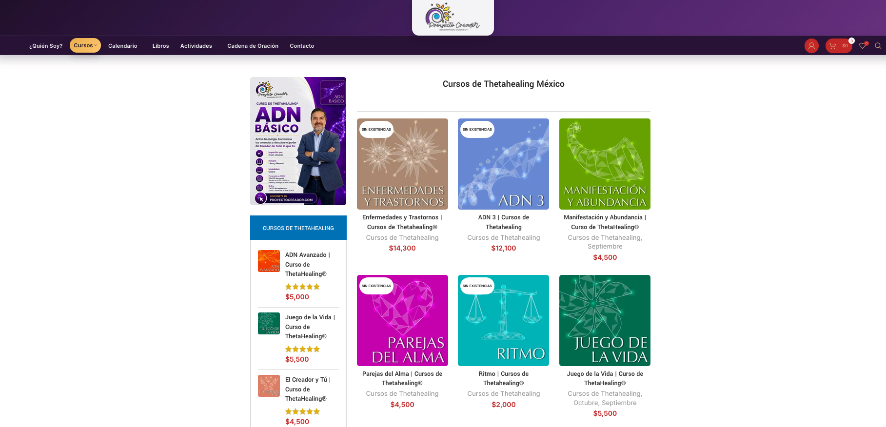 Tienda en línea de Proyecto Creador con catálogo de cursos de ThetaHealing
